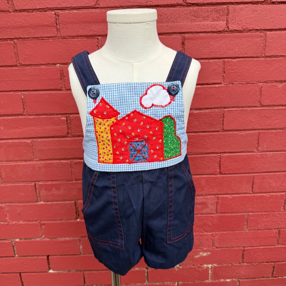 Vintage Barnyard Applique Shortalls Gingham Farmhouse Kids Size 4T Toddler
